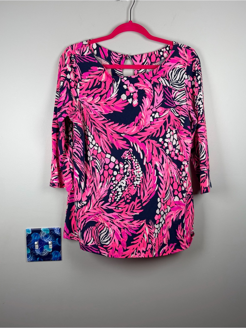 Lilly Pulitzer Waverly Navy Blue Pink 3/4 Sleeves Top A Jungle In Here Large